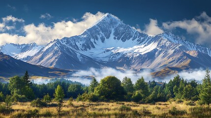 Fototapeta premium A majestic snowy mountain peak stands tall, surrounded by dense forest and wisps of fog that add a mystical quality to the landscape.