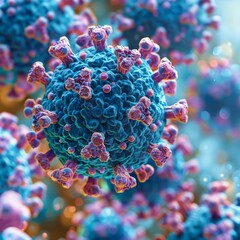 Obraz premium A 3D rendering of a coronavirus, the virus that causes COVID-19. The virus is shown with a blue and red outer coat and a spiky surface. It is floating in the air, surrounded by other viruses.