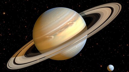 Saturn, the 6th planet from the Sun, is a gas giant with a thick atmosphere of hydrogen and helium. Its prominent feature is the ring system made of ice and rock particles.