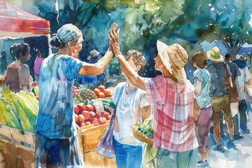 Obraz premium People shopping at an outdoor market with colorful stalls and vendors