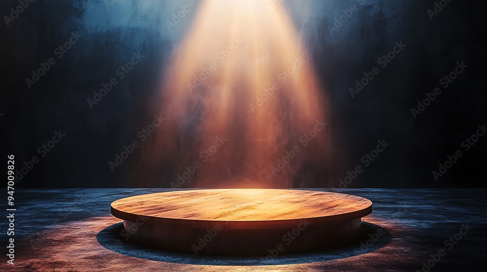 Poster a wooden platform bathed in spotlight, set against a concrete background, creating a dramatic yet mi