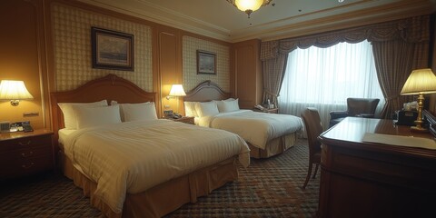 Fototapeta premium A spacious and elegantly decorated hotel room featuring two large beds, classic wooden furniture, warm lighting with bedside lamps, and large curtained windows