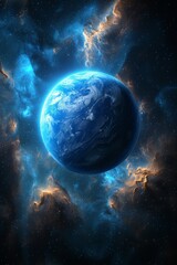 Obraz premium Blue glowing planet Earth in the vastness of space surrounded by a colorful nebula. This image is perfect for illustrating stories about astronomy, science fiction, or space exploration.