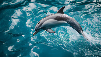 Naklejka premium Playful Dolphin Jumping Out of Turquoise Ocean Waves in Sunny Tropical Setting