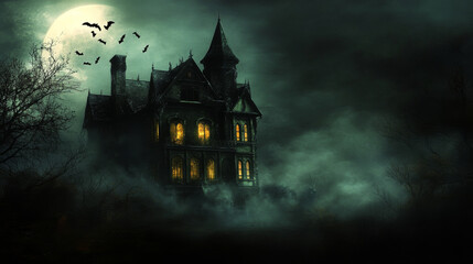 A dark and eerie image of a haunted house cloaked in mist, with bats flying through the moonlit night.