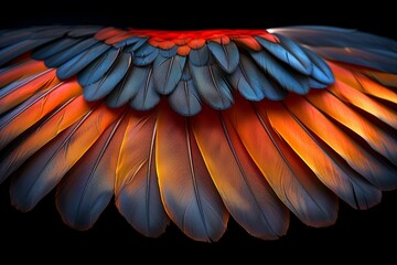 Fototapeta premium A stunningly vibrant and colorful composition of Macaw parrot wing feathers isolated on a black background. Perfect for adding a touch of the exotic to any project.