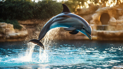 Fototapeta premium Playful Dolphin Leaping from Turquoise Waves in Tropical Seascape
