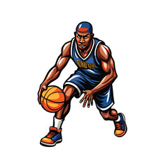 A realistic vector illustration of a basketball player dribbling a basketball in a dynamic pose, showcasing athleticism and skill.