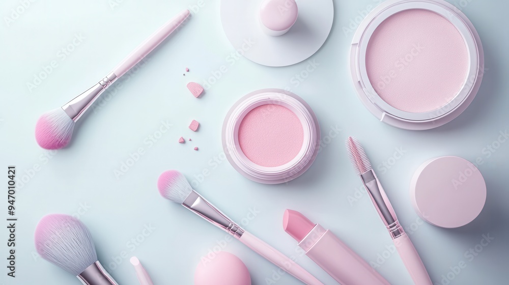 Poster a collection of cosmetic products including lipstick and brushes is neatly organized on a light back