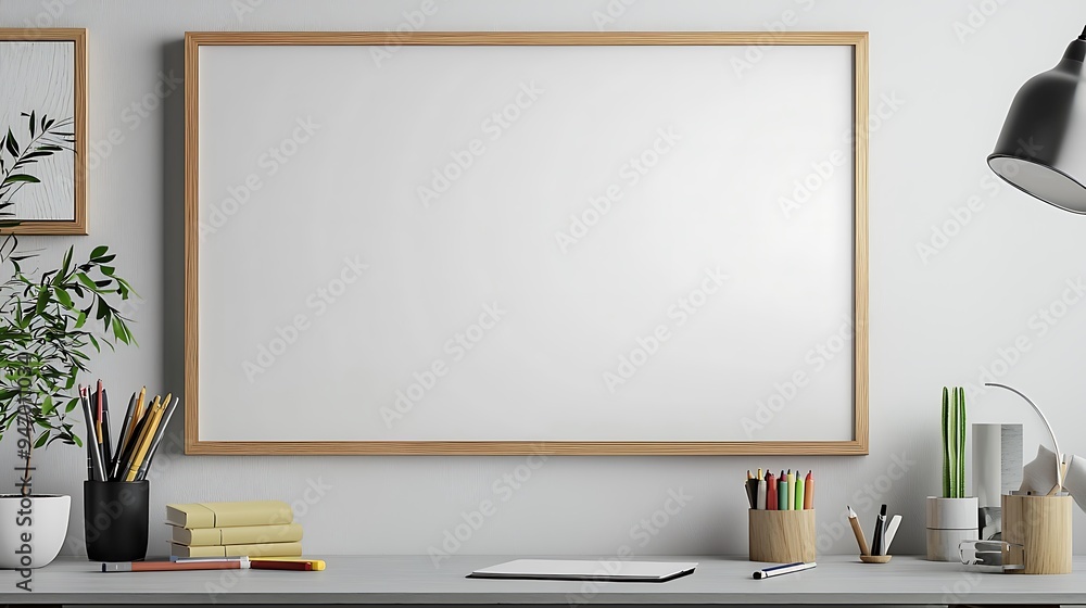 Poster a minimalist desk setup features a blank frame mockup, combining sleek design with an open invitatio