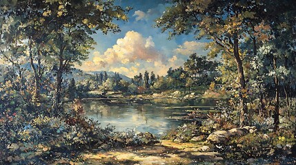 Obraz premium A serene lake landscape with trees, sky, and clouds reflected in the still water, creating a peaceful and harmonious scene.