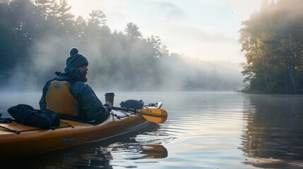 Man enjoying morning coffee while kayaking on a misty lake
