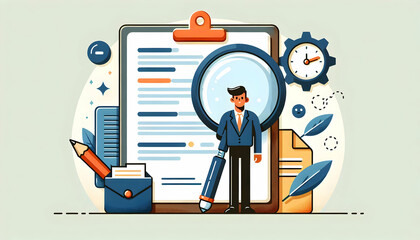 Flat Border Frame with Magnifying Glass and Document for Review | Detailed Management Review Concept with Smart Business Tone | Simple Vector Illustration with Copy Space