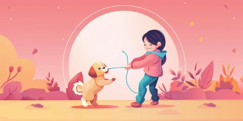 Girl playing with dog in a park.