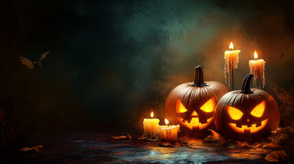 Obraz premium A chilling Halloween scene with spooky carved pumpkins and flickering candles, set against a dark and foreboding background.