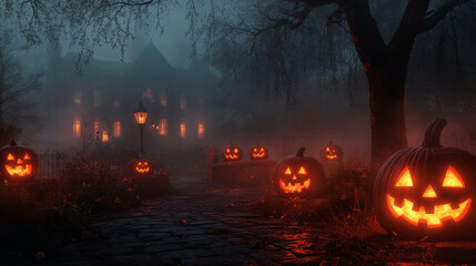 A spooky scene of glowing jack-o'-lanterns amidst dense fog and towering dark trees.