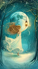 Enchanting Woman in Forest with Lanterns and Moon.