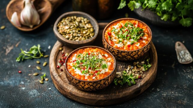 Two rustic bowls filled with a vibrant chickpea and tomato soup, garnished with fresh microgreens and seeds, sit on a wooden platter.