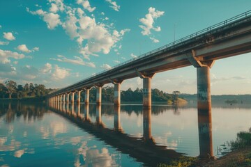 A peaceful scene with a bridge spanning across a lake or river, set against a cloudy sky