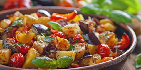 Traditional Greek vegetarian dish with a medley of vegetables including potatoes eggplants peppers and tomatoes