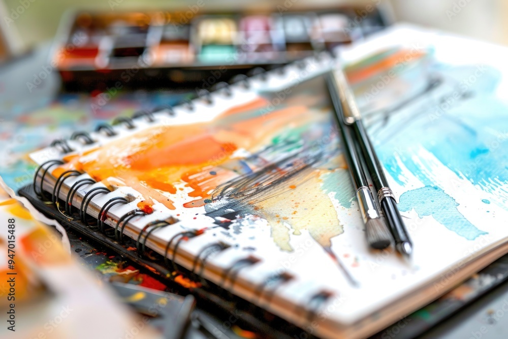 Poster a close-up shot of a notebook with a pen placed on top, ideal for business or creative use