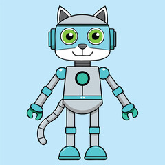 Cute cartoon robot with green eyes. Vector illustration on blue background.