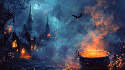 A spooky scene featuring a bubbling cauldron filled with a creepy witch's brew, with eerie smoke rising into the night.