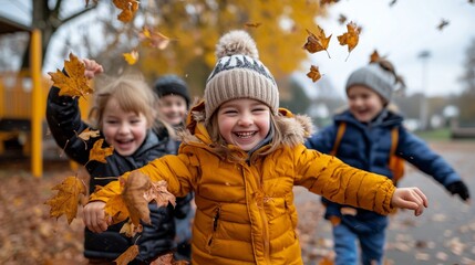 Happy Kids Playing in Autumn Leaves