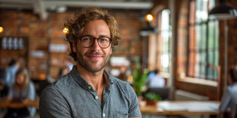 Fototapeta premium A cheerful young man with curly hair, wearing glasses, smiling confidently in a trendy co-working space with exposed brick walls and large windows
