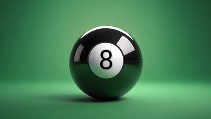 A glossy black billiard snooker ball sits centered on a gradient green background with the number 8 clearly visible in white on the ball.