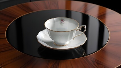A delicate, white china teacup rests on a stunning, hand-polished wooden table, surrounded by a soft, velvety black darkness that reflects the subtle light source with an intricate pattern.

