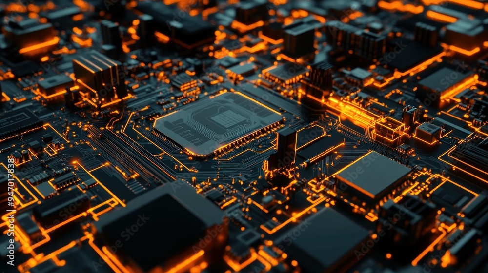 Poster close-up of a glowing orange circuit board with a central processor.