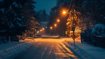 Snow-covered street illuminated by warm streetlights in a quiet winter evening setting