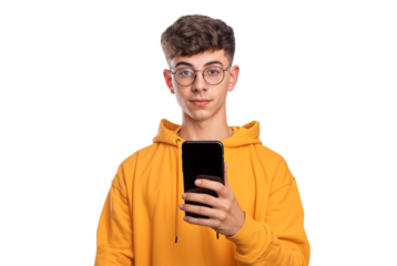 Portrait of a young man smiling with a mobile phone, isolated on transparent background