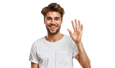 Portrait of a smiling young man waving and saying hello with a friendly, isolated on transparent background