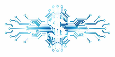 Obraz premium Flat Glowing Abstract Circuit Forming Dollar Sign with Streaming Data Concept - Integration of Finance and Technology in Smart Business Tone [Illustration]