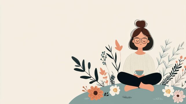 woman sitting, drinking coffee, surrounded by flowers clip art preview