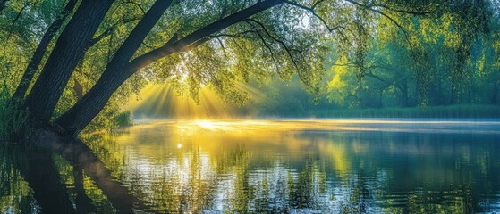 Obraz premium Sunbeams Through Trees Reflecting on Calm Water