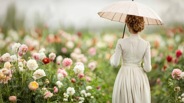 Woman holding a parasol, walking through a garden of blooming flowers, graceful and elegant, soft colors