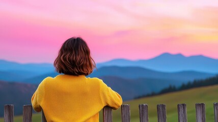 Fototapeta premium Woman leaning on a fence, gazing at the distant mountains at sunrise, contemplative mood, pastel tones