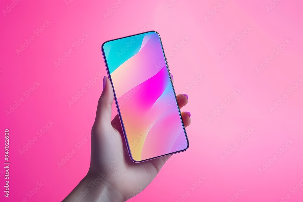 Aufkleber realistic smartphone in hand with vibrant screen saver and soft color gradient background design