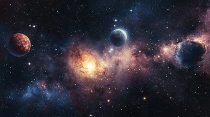 A Cosmic Landscape with Planets and a Glowing Nebula