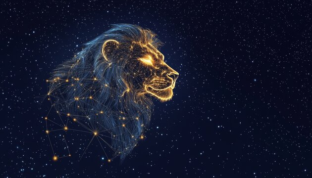 Digital art of the leo constellation illuminated against a starry night sky with cosmic elements