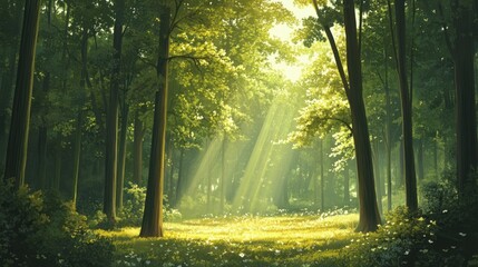 Sunbeams Illuminating a Forest Clearing with White Flowers