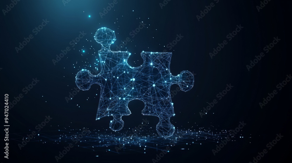 Poster abstract desktop and jigsaw puzzle on screen. business solution concept on dark background. monochro