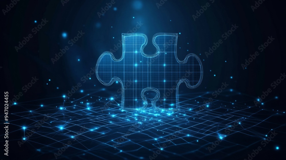 Poster abstract desktop and jigsaw puzzle on screen. business solution concept on dark background. monochro