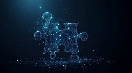 Obraz premium Abstract desktop and jigsaw puzzle on screen. Business solution concept on dark background. Monochrome light blue hologram style. Low poly wireframe vector illustration with connected glowing dots. 