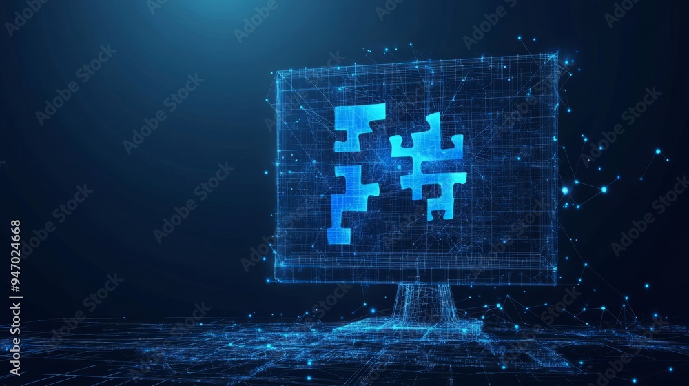 Poster abstract desktop and jigsaw puzzle on screen. business solution concept on dark background. monochro