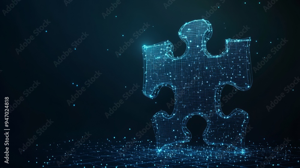 Poster abstract desktop and jigsaw puzzle on screen. business solution concept on dark background. monochro