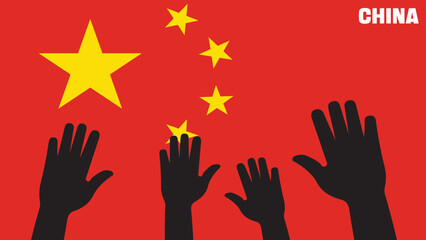 Group of China people gathering hands vector silhouette, unity or support idea, hand gathering silhouette on China flag, teamwork and togetherness concept, union of society
